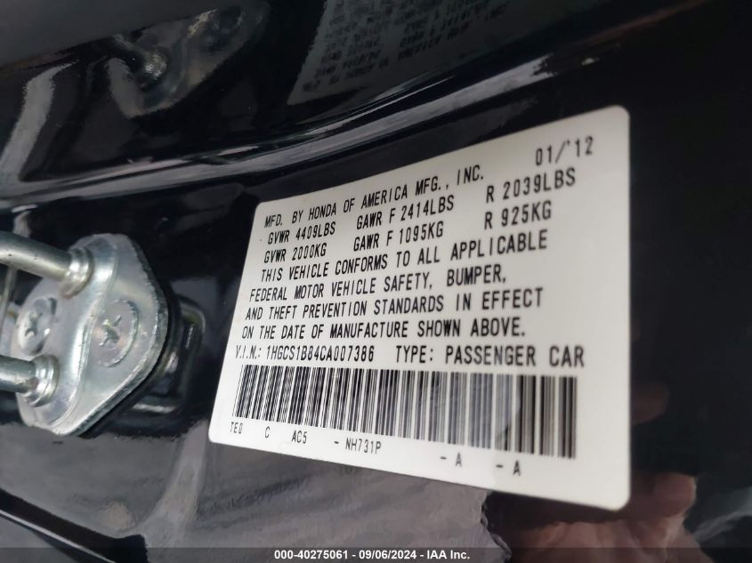 1HGCS1B84CA007386 2012 Honda Accord Exl