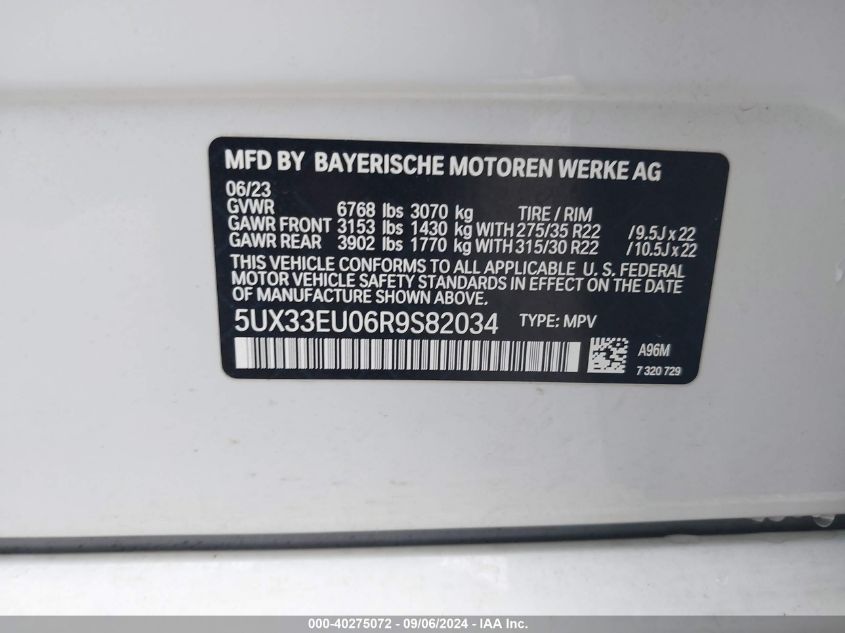 2024 BMW X5 M60I VIN: 5UX33EU06R9S82034 Lot: 40275072