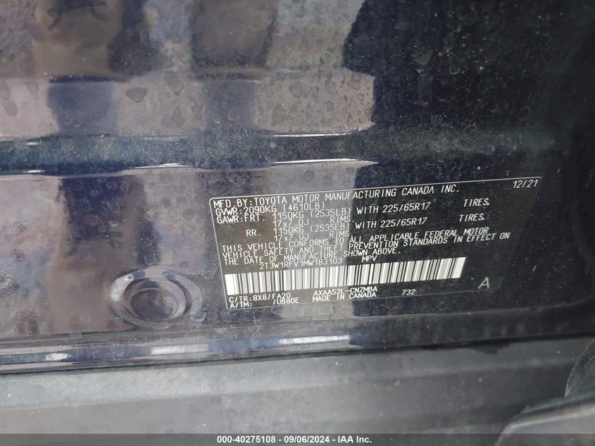 2021 TOYOTA RAV4 2.5L I4 FI DOHC 16V (VIN: 2T3W1RFV1MW183103