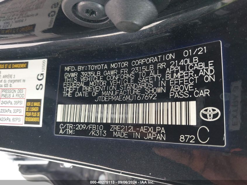 2021 TOYOTA COROLLA LE - JTDEPMAE6MJ167692