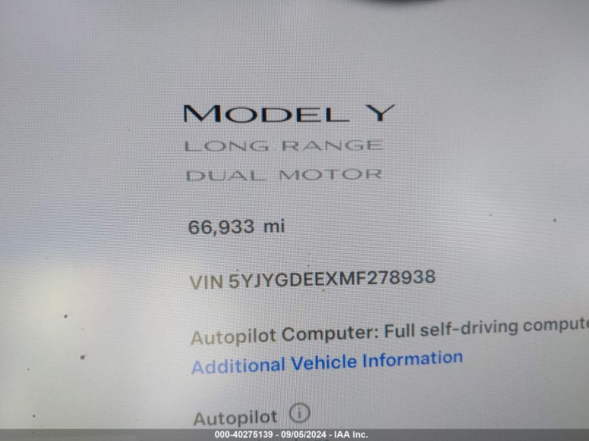 2021 Tesla Model Y VIN: 5YJYGDEEXMF278938 Lot: 40275139