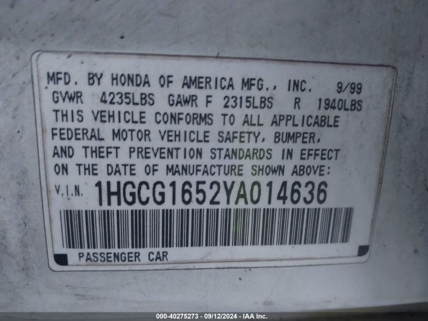 2000 Honda Accord 3.0 Ex VIN: 1HGCG1652YA014636 Lot: 40275273