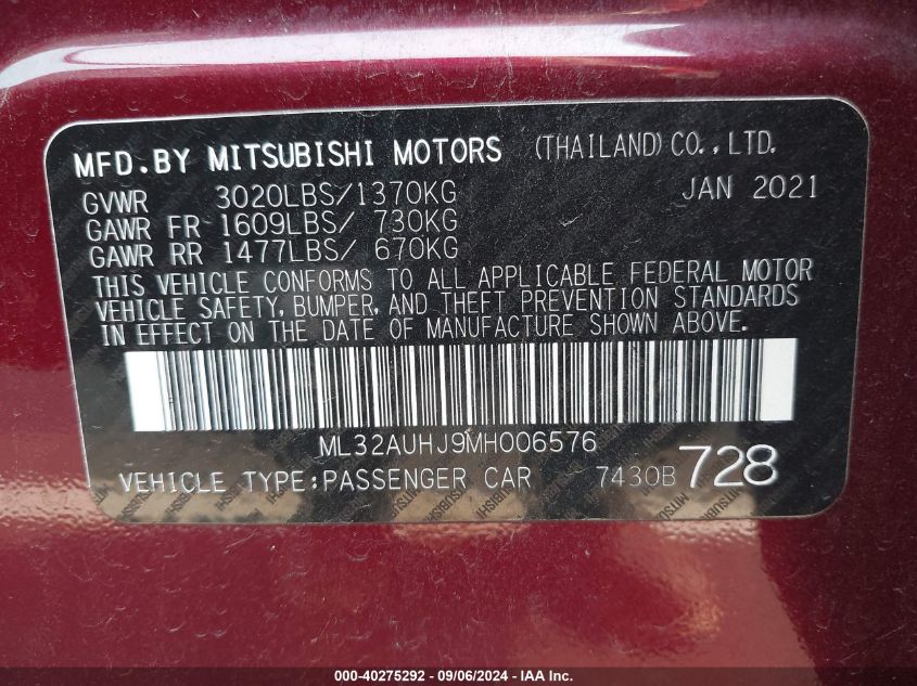 2021 Mitsubishi Mirage Carbonite Edition/Es/Le VIN: ML32AUHJ9MH006576 Lot: 40275292