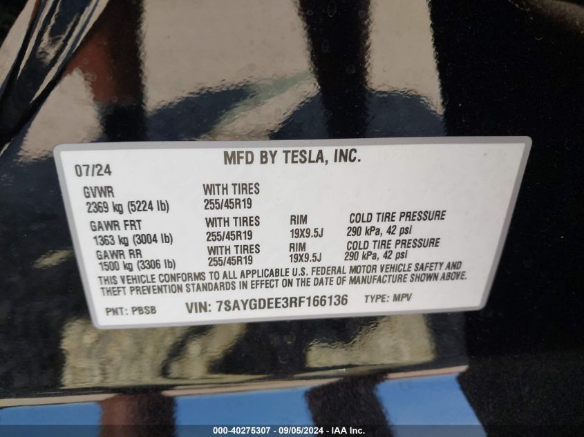 2024 Tesla Model Y Long Range Dual Motor All-Wheel Drive VIN: 7SAYGDEE3RF166136 Lot: 40275307