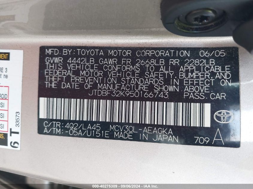 JTDBF32K950166743 2005 Toyota Camry Xle V6