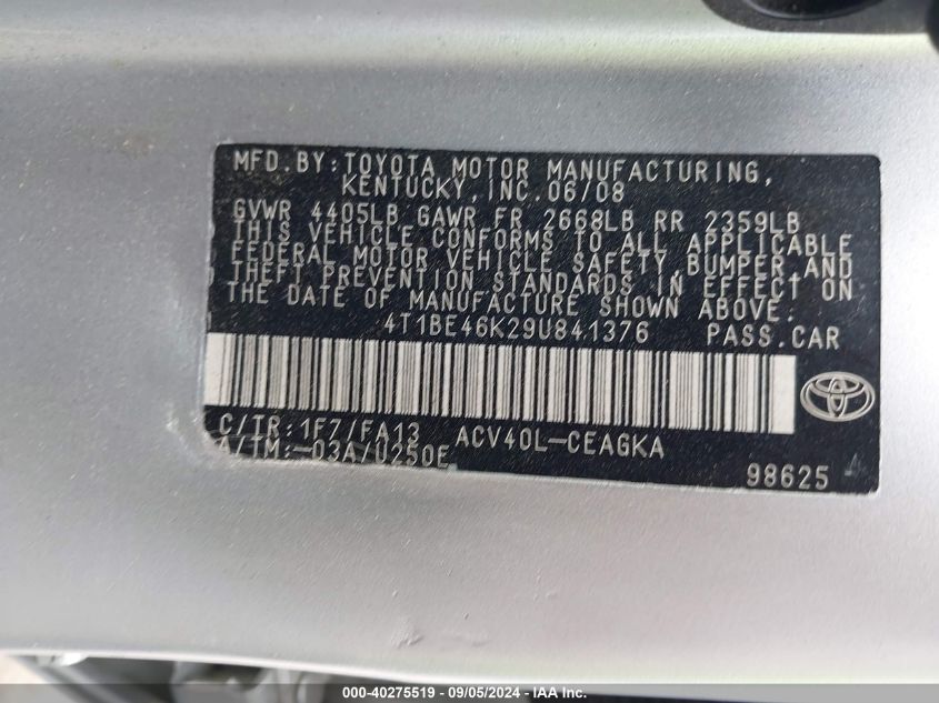 4T1BE46K29U841376 2009 Toyota Camry Le/Se/Xle