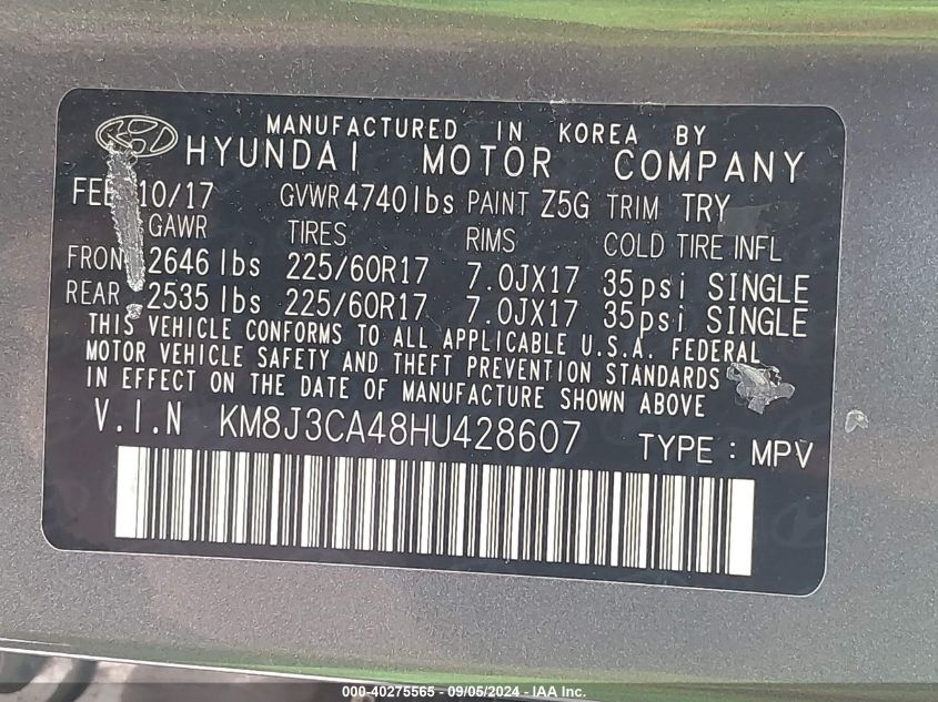 KM8J3CA48HU428607 2017 Hyundai Tucson Limited/Sport And Eco/Se