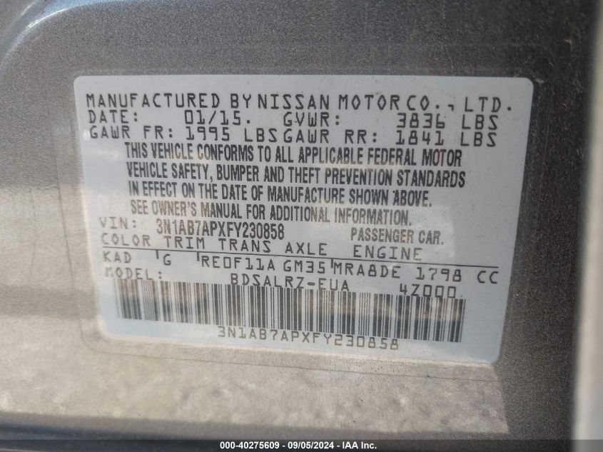 2015 Nissan Sentra S/Sv/Sr/Sl VIN: 3N1AB7APXFY230858 Lot: 40275609