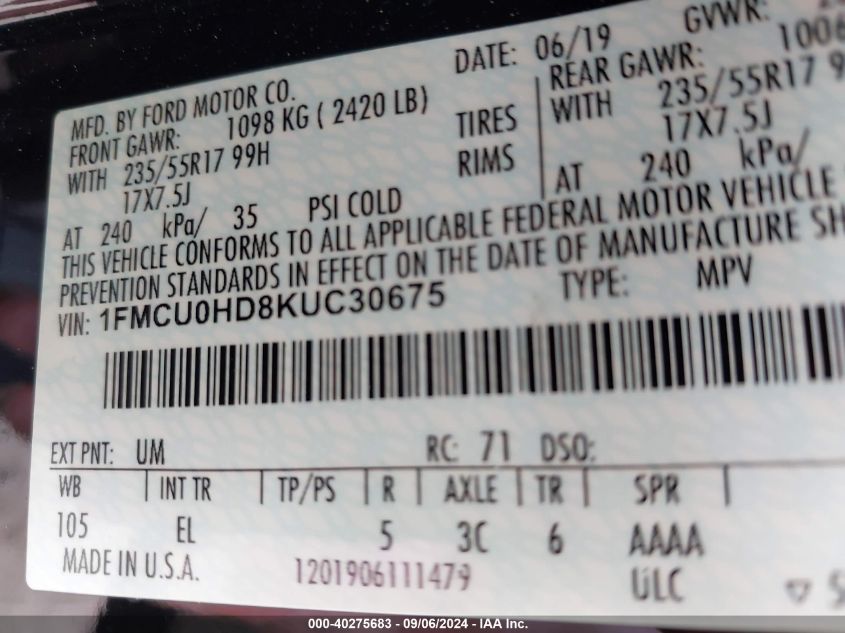 1FMCU0HD8KUC30675 2019 Ford Escape Sel