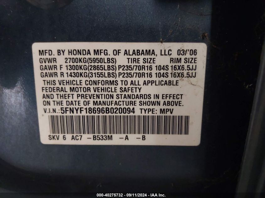 2006 Honda Pilot Ex-L VIN: 5FNYF18696B020094 Lot: 40275732