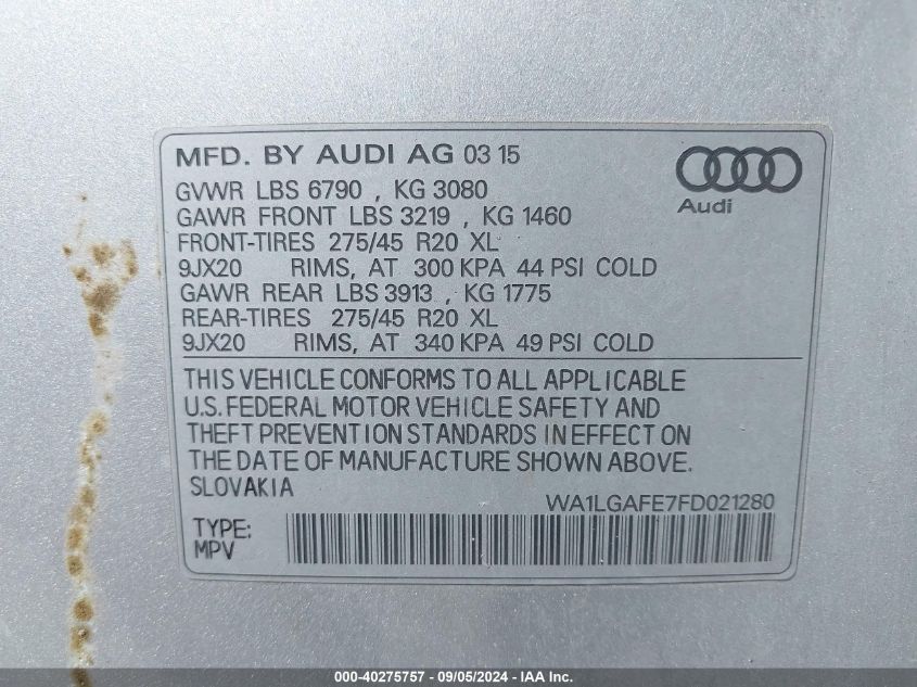 2015 Audi Q7 3.0T Premium VIN: WA1LGAFE7FD021280 Lot: 40275757