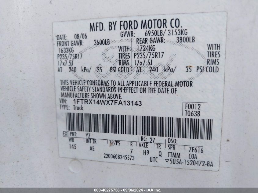 2007 Ford F-150 Fx4/Stx/Xl/Xlt VIN: 1FTRX14WX7FA13143 Lot: 40275758