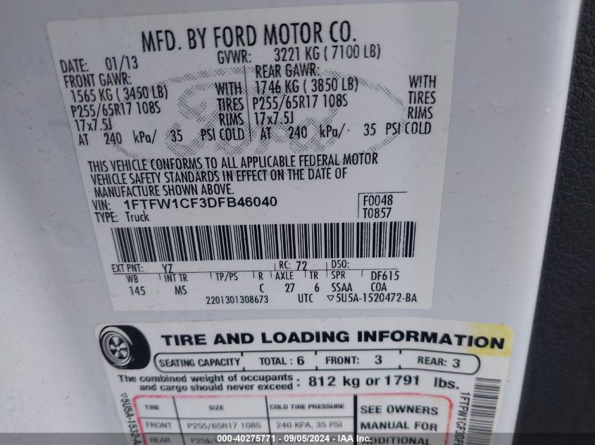 2013 Ford F150 Supercrew VIN: 1FTFW1CF3DFB46040 Lot: 40275771