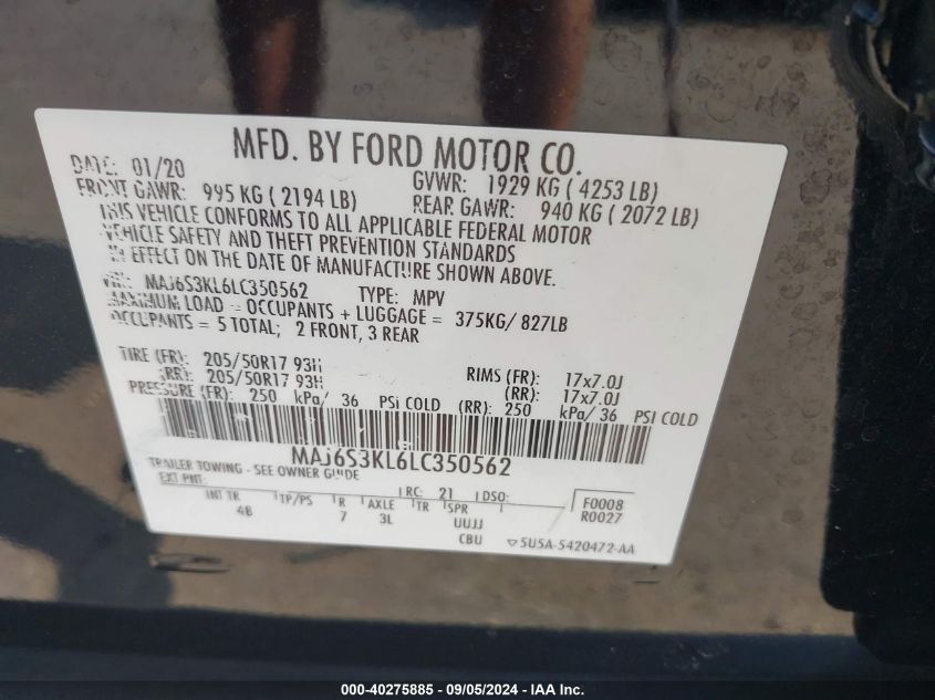 2020 Ford Ecosport Titanium VIN: MAJ6S3KL6LC350562 Lot: 40275885