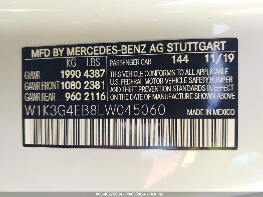 2020 Mercedes-Benz A 220 VIN: W1K3G4EB8LW045060 Lot: 40275894