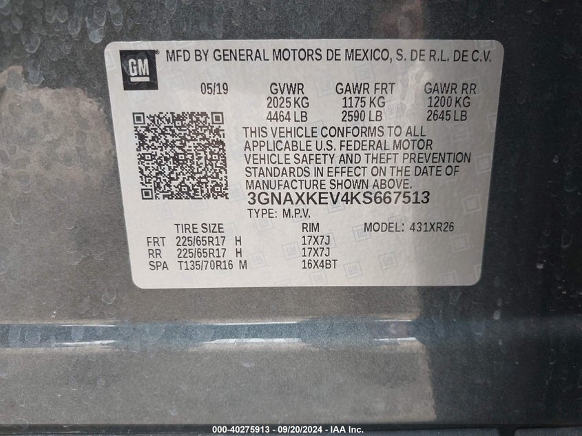 3GNAXKEV4KS667513 2019 Chevrolet Equinox Lt