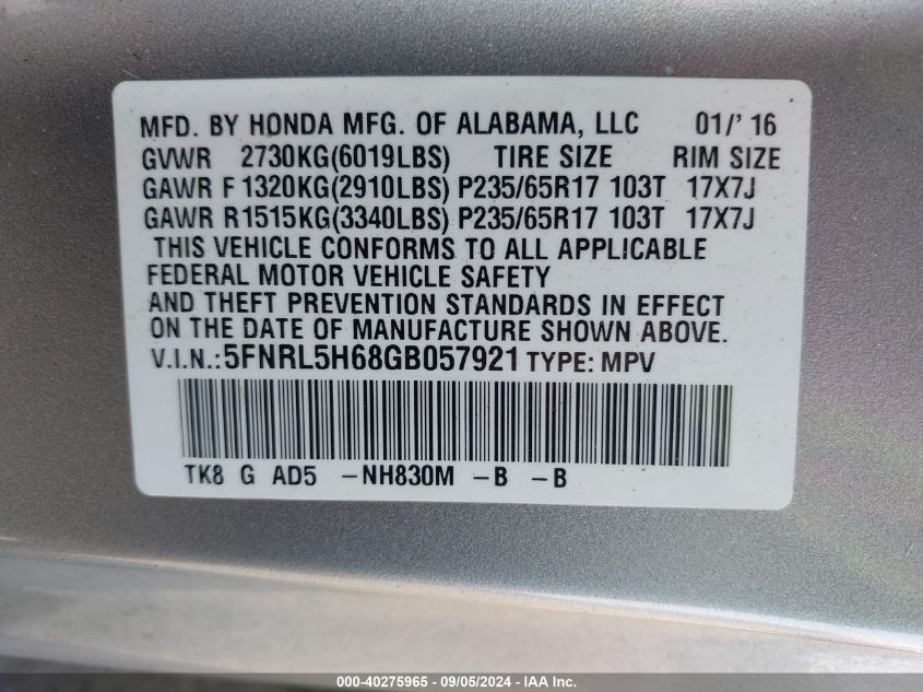 2016 Honda Odyssey Ex-L VIN: 5FNRL5H68GB057921 Lot: 40275965