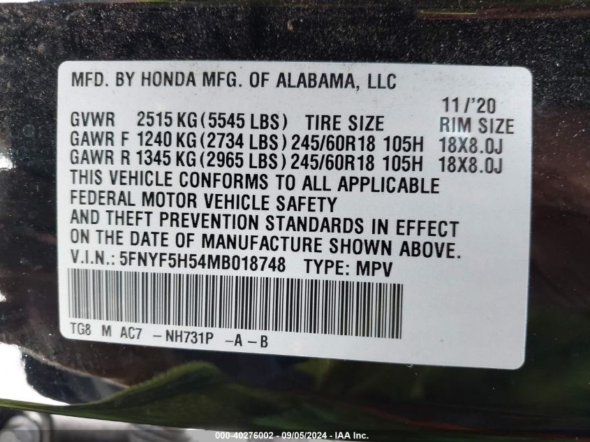 2021 Honda Pilot 2Wd Ex-L VIN: 5FNYF5H54MB018748 Lot: 40276002