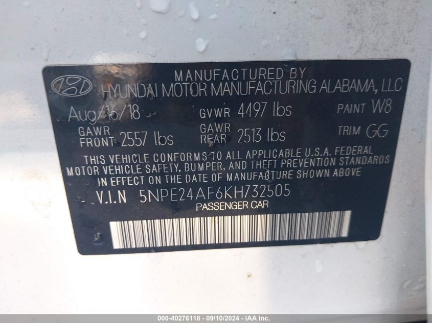 5NPE24AF6KH732505 2019 Hyun Sonata Se Se