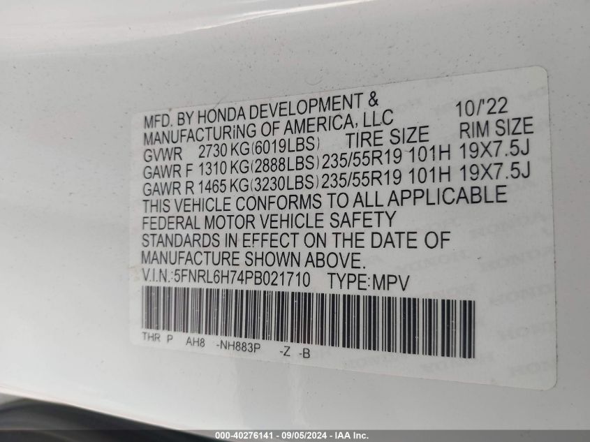 2023 Honda Odyssey Sport VIN: 5FNRL6H74PB021710 Lot: 40276141