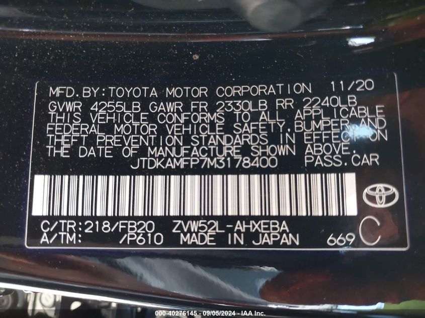 2021 Toyota Prius Prime Le VIN: JTDKAMFP7M3178400 Lot: 40276145