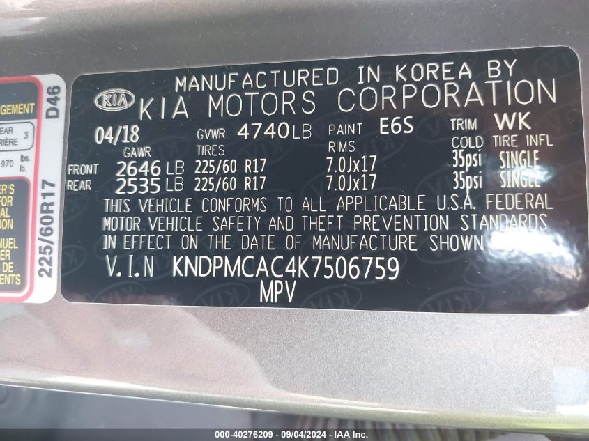 KNDPMCAC4K7506759 2019 Kia Sportage Lx