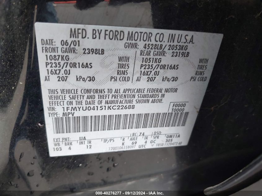 1FMYU04151KC22688 2001 Ford Escape Xlt