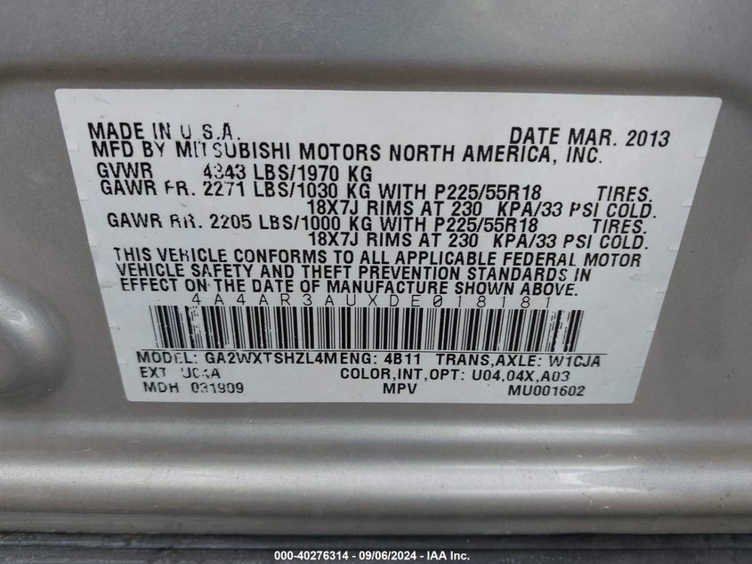 2013 Mitsubishi Outlander Sport Es VIN: 4A4AR3AUXDE018181 Lot: 40276314