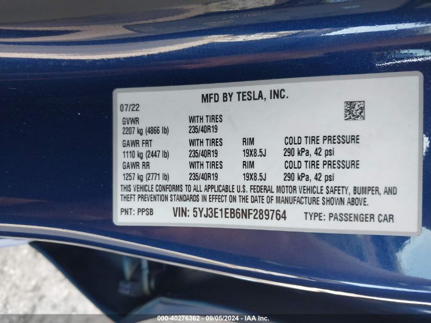 2022 Tesla Model 3 VIN: 5YJ3E1EB6NF289764 Lot: 40276362