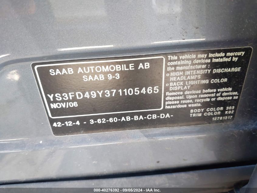 YS3FD49Y371105465 2007 Saab 9-3 2.0T