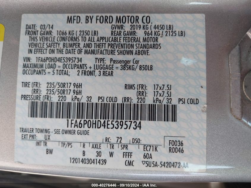 2014 Ford Fusion Se VIN: 1FA6P0HD4E5395734 Lot: 40276446