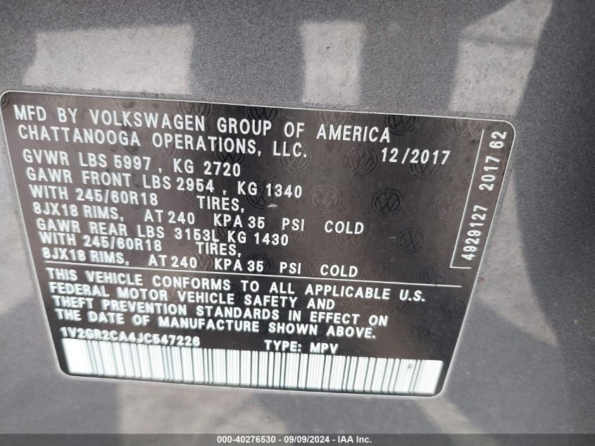 1V2GR2CA4JC547226 2018 Volkswagen Atlas 3.6L V6 S