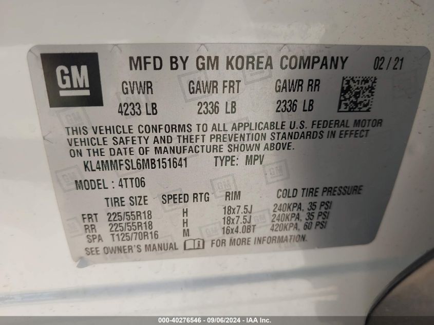 2021 Buick Encore Gx Fwd Essence VIN: KL4MMFSL6MB151641 Lot: 40276546