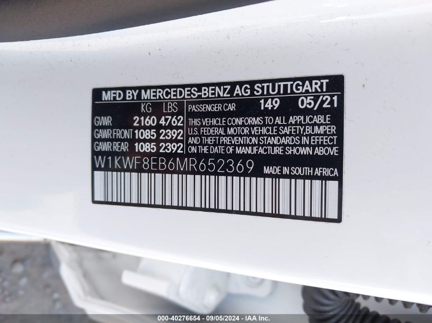 2021 Mercedes-Benz C 300 300 4Matic VIN: W1KWF8EB6MR652369 Lot: 40276654