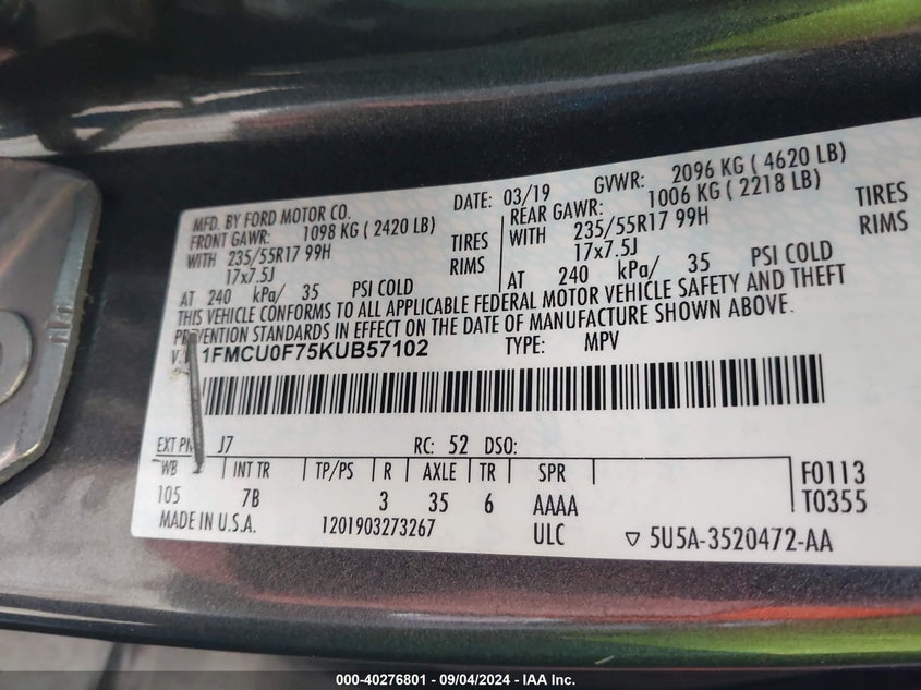 VIN 1FMCU0F75KUB57102 2019 FORD ESCAPE S