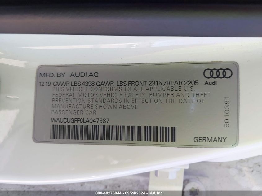 2020 Audi A3 Premium Plus 40 Tfsi Front-Wheel Drive S Tronic VIN: WAUCUGFF6LA047387 Lot: 40276844