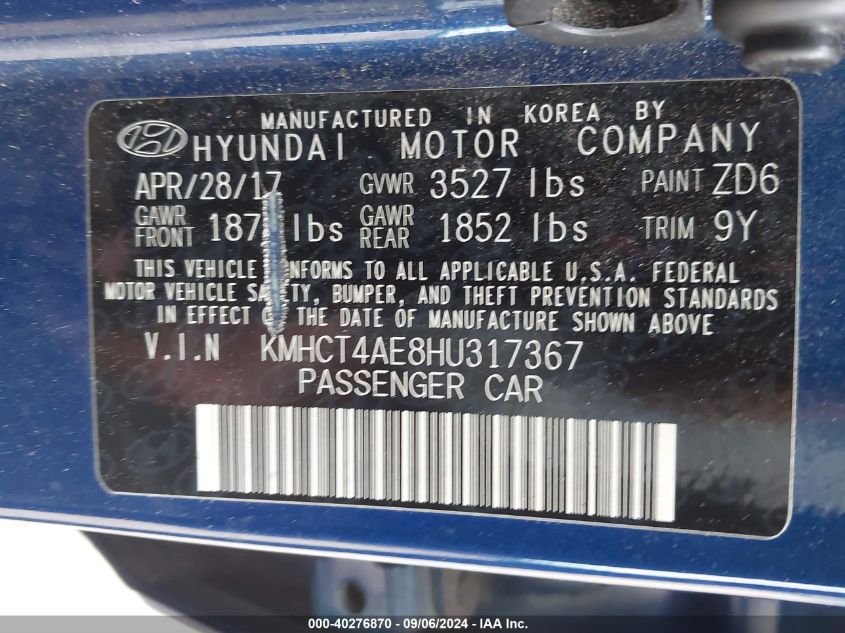 2017 Hyundai Accent Se VIN: KMHCT4AE8HU317367 Lot: 40276870