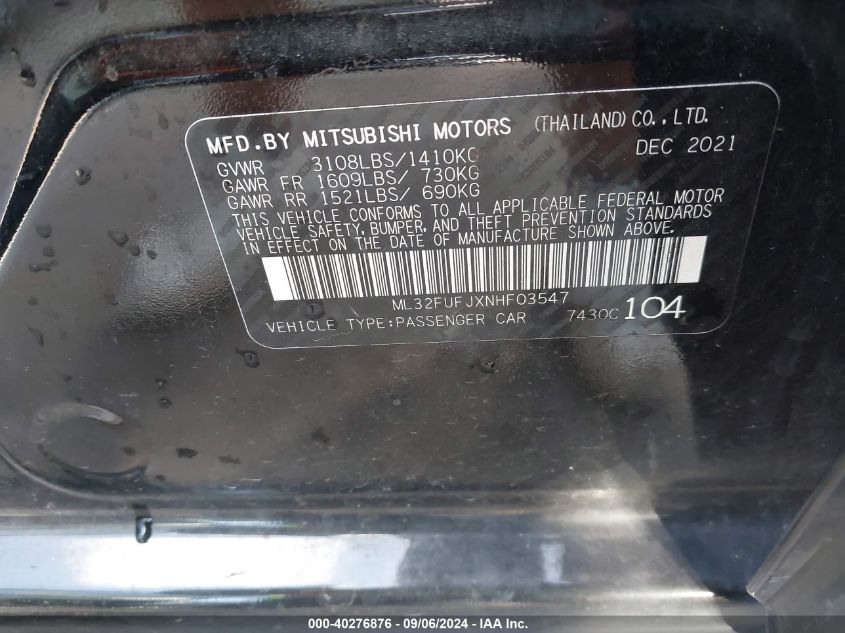 2022 Mitsubishi Mirage G4 Black Edition/Es/Le VIN: ML32FUFJXNHF03547 Lot: 40276876