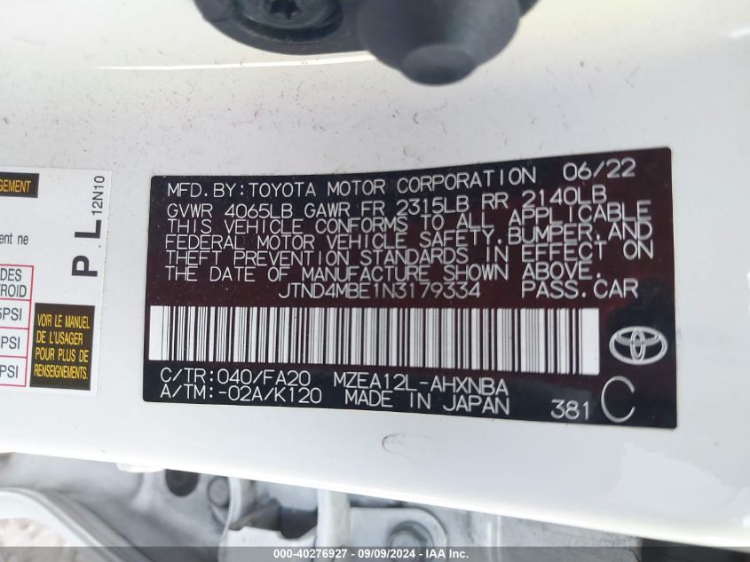 2022 Toyota Corolla Se VIN: JTND4MBE1N3179334 Lot: 40276927