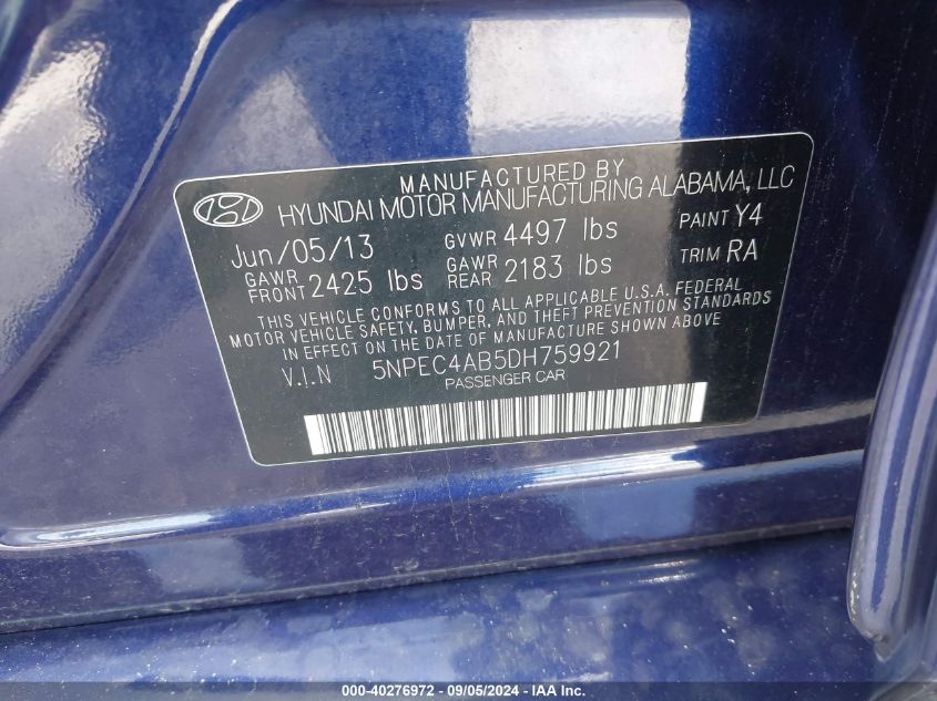 2013 Hyundai Sonata Se/Limited VIN: 5NPEC4AB5DH759921 Lot: 40276972