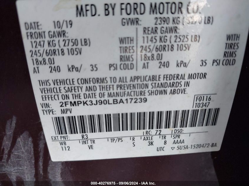 2020 Ford Edge Sel VIN: 2FMPK3J90LBA17239 Lot: 40276975