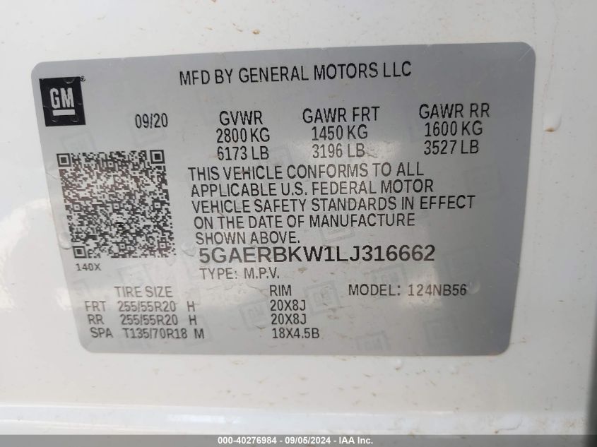 5GAERBKW1LJ316662 2020 Buick Enclave Fwd Essence