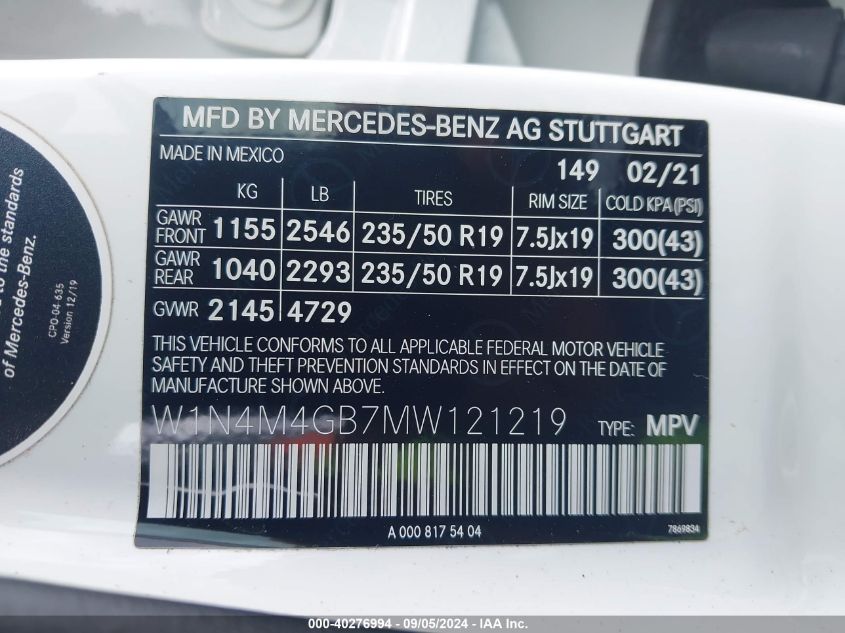 W1N4M4GB7MW121219 2021 Mercedes-Benz Glb 250