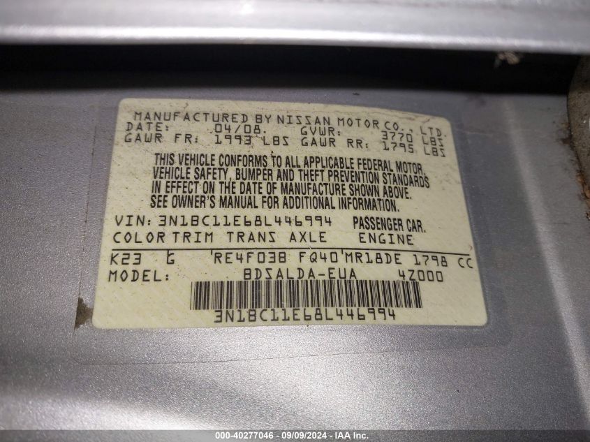 3N1BC11E68L446994 2008 Nissan Versa 1.8S