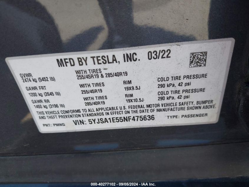 2022 Tesla Model S Dual Motor All-Wheel Drive VIN: 5YJSA1E55NF475636 Lot: 40277102