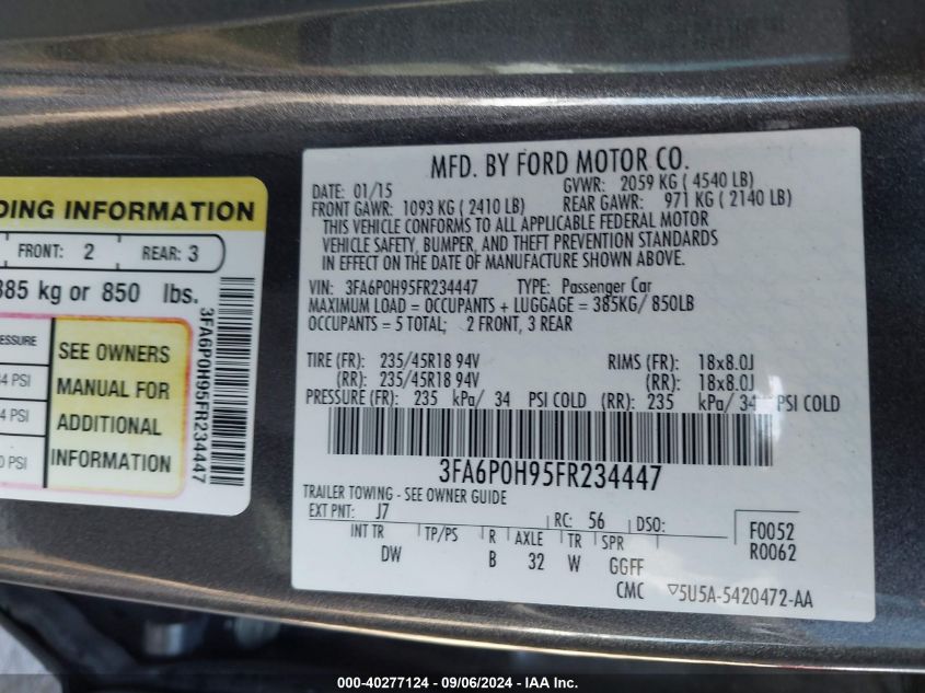 2015 Ford Fusion Se VIN: 3FA6P0H95FR234447 Lot: 40277124