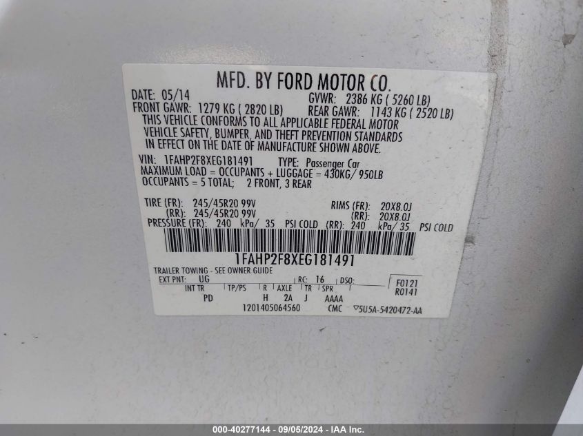 1FAHP2F8XEG181491 2014 Ford Taurus Limited