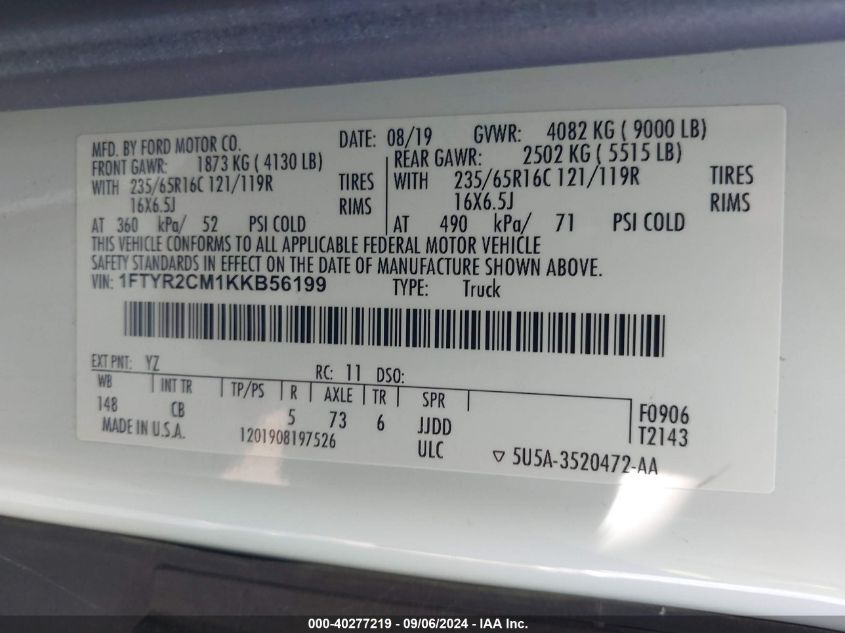 VIN 1FTYR2CM1KKB56199 2019 FORD TRANSIT-250