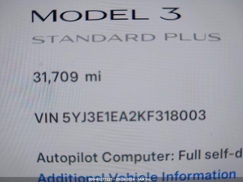 2019 Tesla Model 3 Long Range/Mid Range/Standard Range/Standard Range Plus VIN: 5YJ3E1EA2KF318003 Lot: 40277221