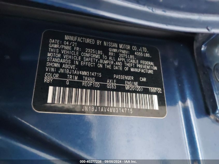 2021 NISSAN ROGUE SPORT S FWD XTRONIC CVT - JN1BJ1AV4MW314715